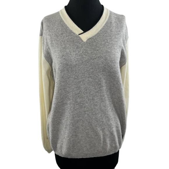 VTG VERSACE CLASSIC Stretch Wool Gray & Cream Colorblock VNeck Light Sweater M L - Picture 1 of 6